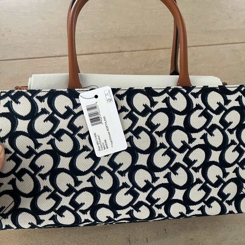 GUESS Navy and White Signature Tote with Tan Handles - Picture 3 of 4